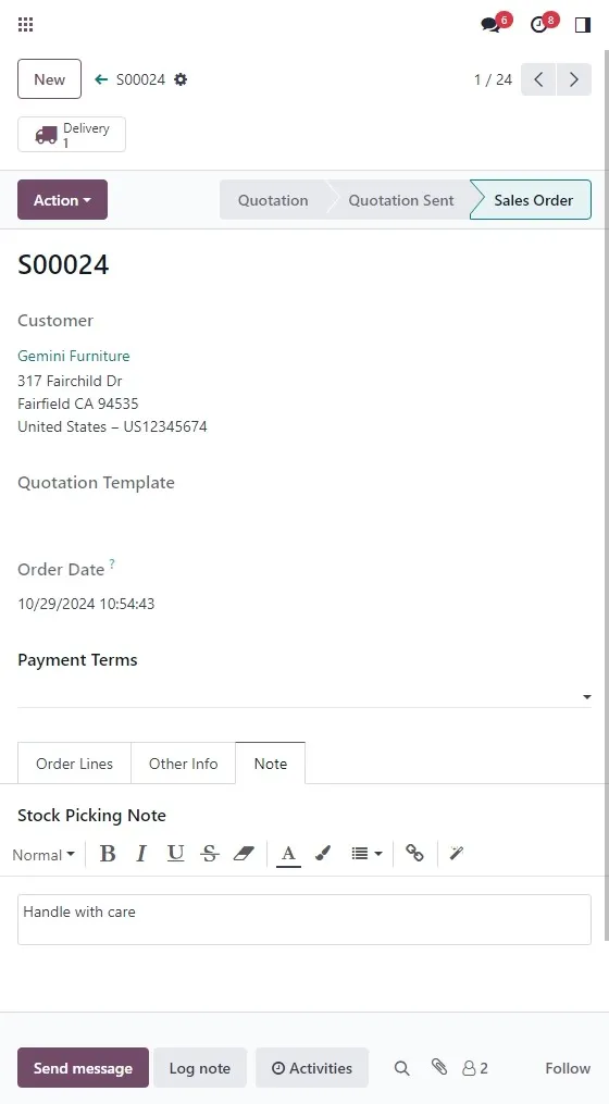 Stock Picking Note inside of the Sale Order